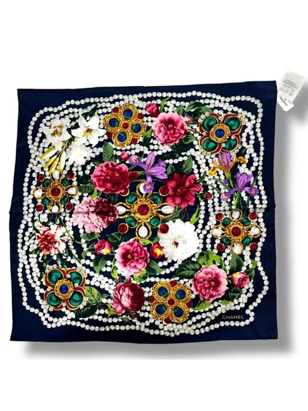 Chanel Scarf 26 Cruise Silk Flower & Pearl Logo Black